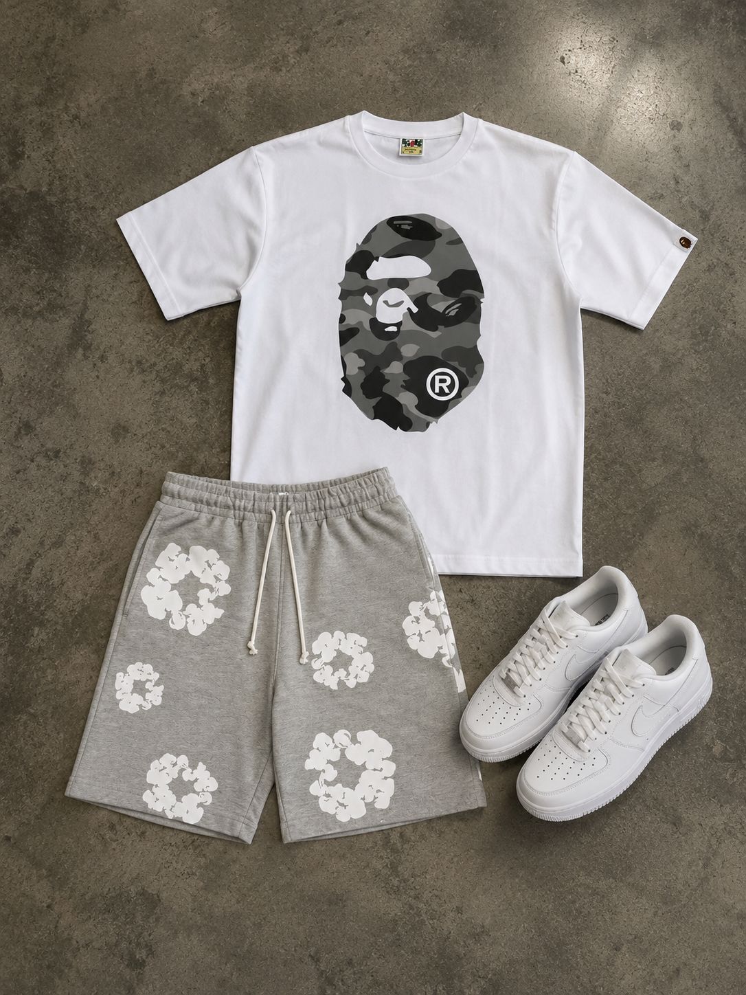 Outfit Streetwear Premium BAPE Blanco y Gris – Conjunto Urbano Hombre 2026