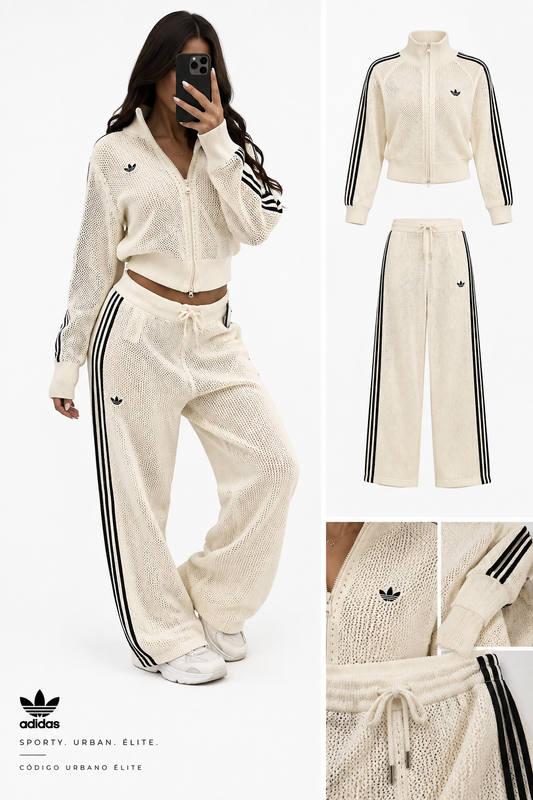 Adidas Originals Conjunto de Punto Crema Mujer – 3-Stripes Wide Leg